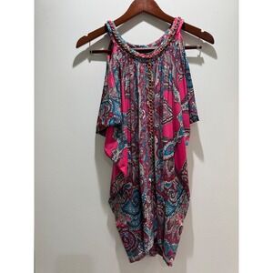 Vintage Cache Fucshia Paisley Draped Halter Top Gold Chain Trim Boho Y2K Blouse